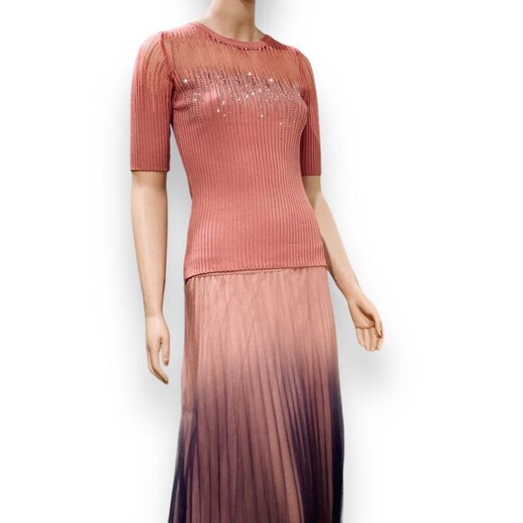 NEW Pink Glam Short Sleeve Waterfall Mesh Diamond Illusion Top - Picture 2 of 3